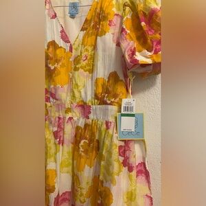 CeCe Vibrant Yellow and Pink Floral Midi Dress